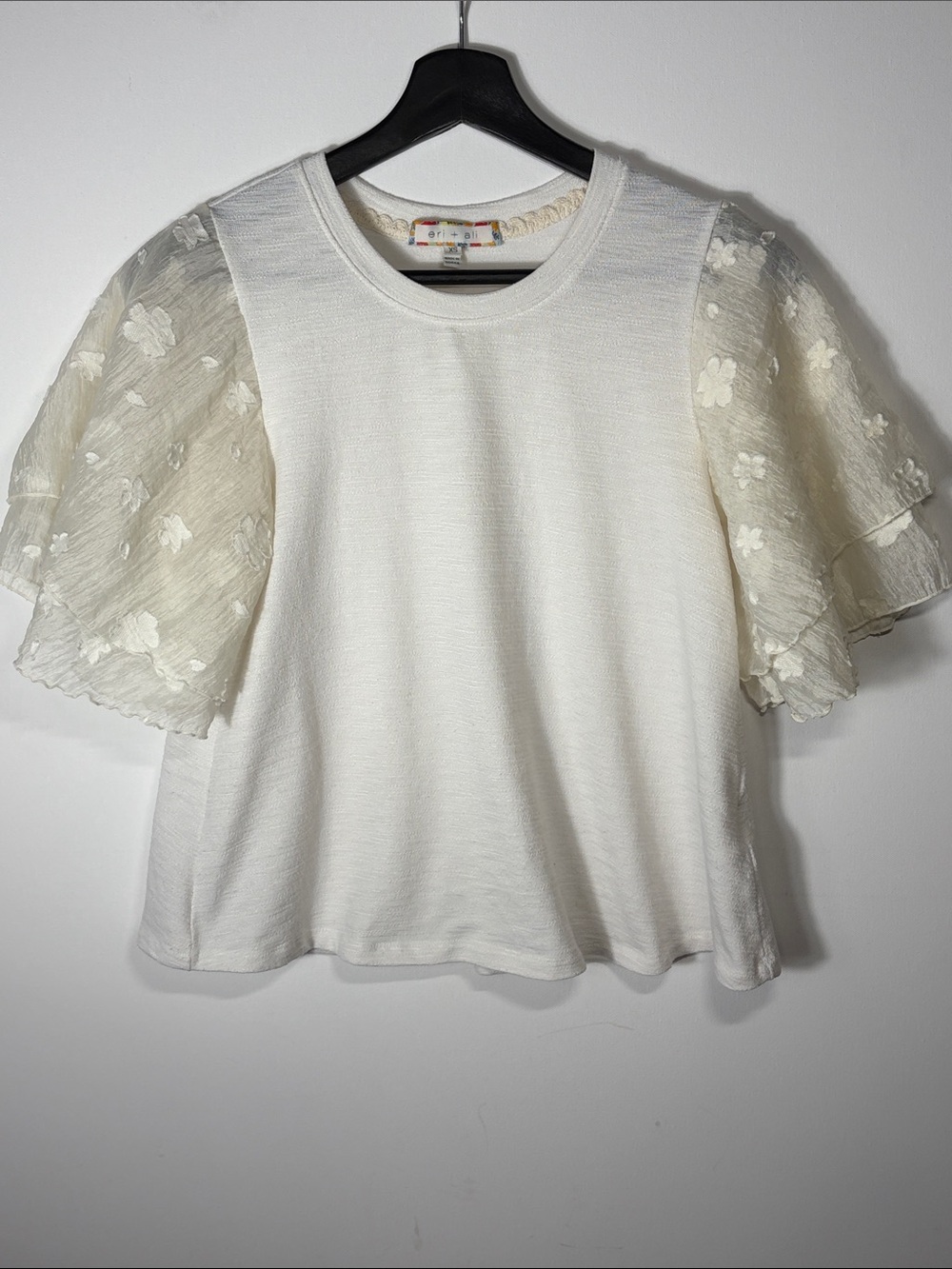 Eri + Ali Anthropologie Cream Puff Sleeve Floral Mesh Top XS